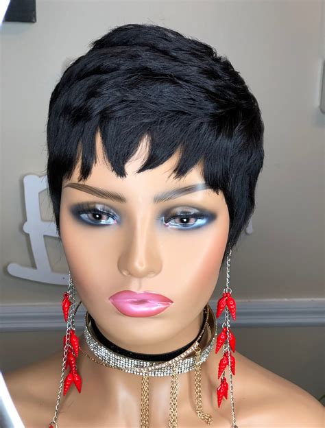 Short layered pixie bob wig human hair straight machine wig can be curled permed or straightened. . Pixie cut human hair wig